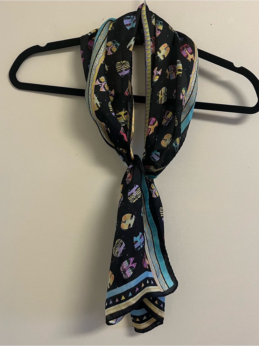 Vintage Laurel Burch Silk Scarf Cats Black with Multicolor Border Rectangle